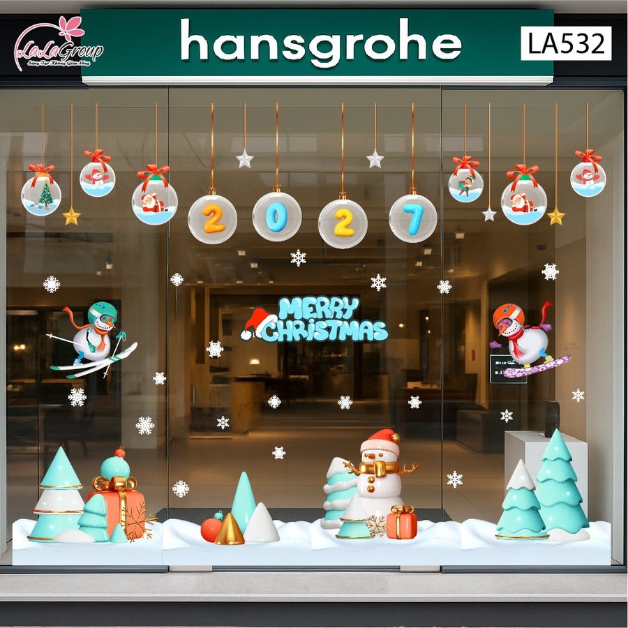 Combo Decal Trang Trí Noel Dây Treo Quả Cầu Thủy Tinh Và Cây Thông Xanh Mint