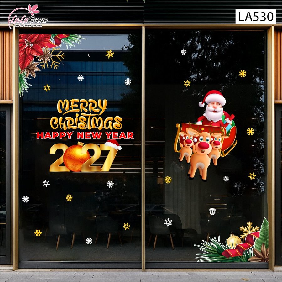 Combo Decal Trang Trí Noel Merry Christmas Ông Già Noel Cưỡi Tuần Lộc Đón Giáng Sinh
