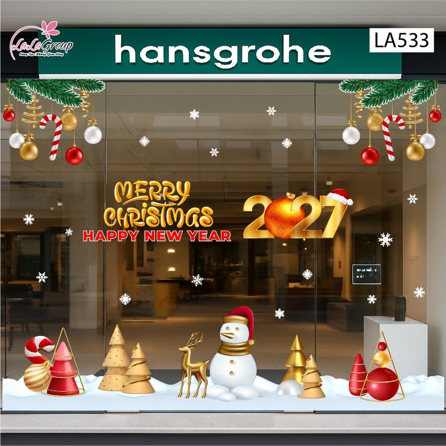 Combo Decal Trang Trí Noel Merry Christmas Người Tuyết Và Tuần Lộc Vàng