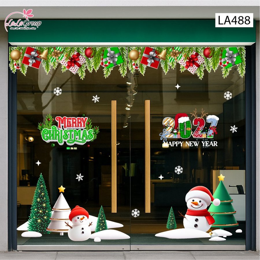 Combo Decal Trang Trí Noel Hai Người Tuyết Và Những Cây Thông Xanh