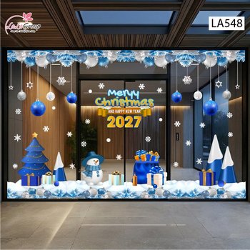 Combo Decal Trang Trí Noel Người Tuyết Và Cây Thông Xanh Dương