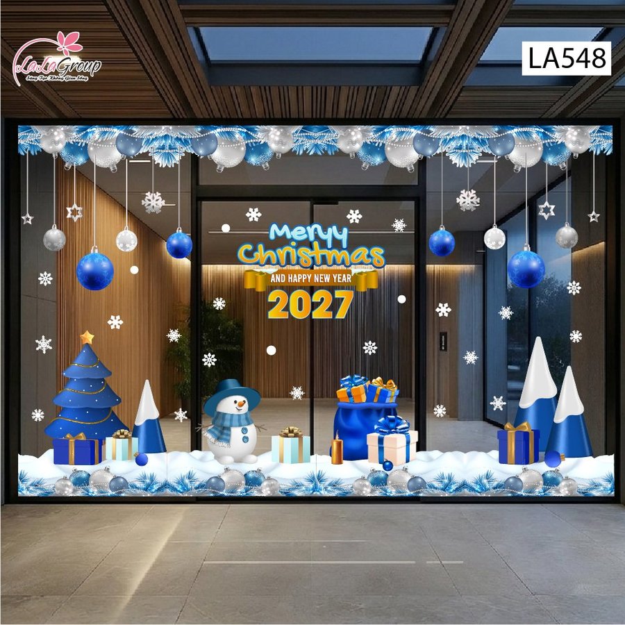 Combo Decal Trang Trí Noel Người Tuyết Và Cây Thông Xanh Dương