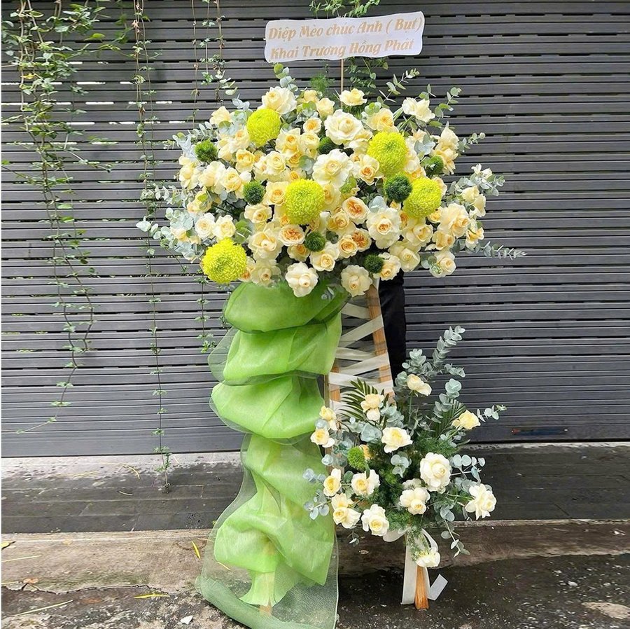 Kệ Hoa Chúc Mừng 2 Tầng Khai Trương Tone Xanh Lá Tinh Tế