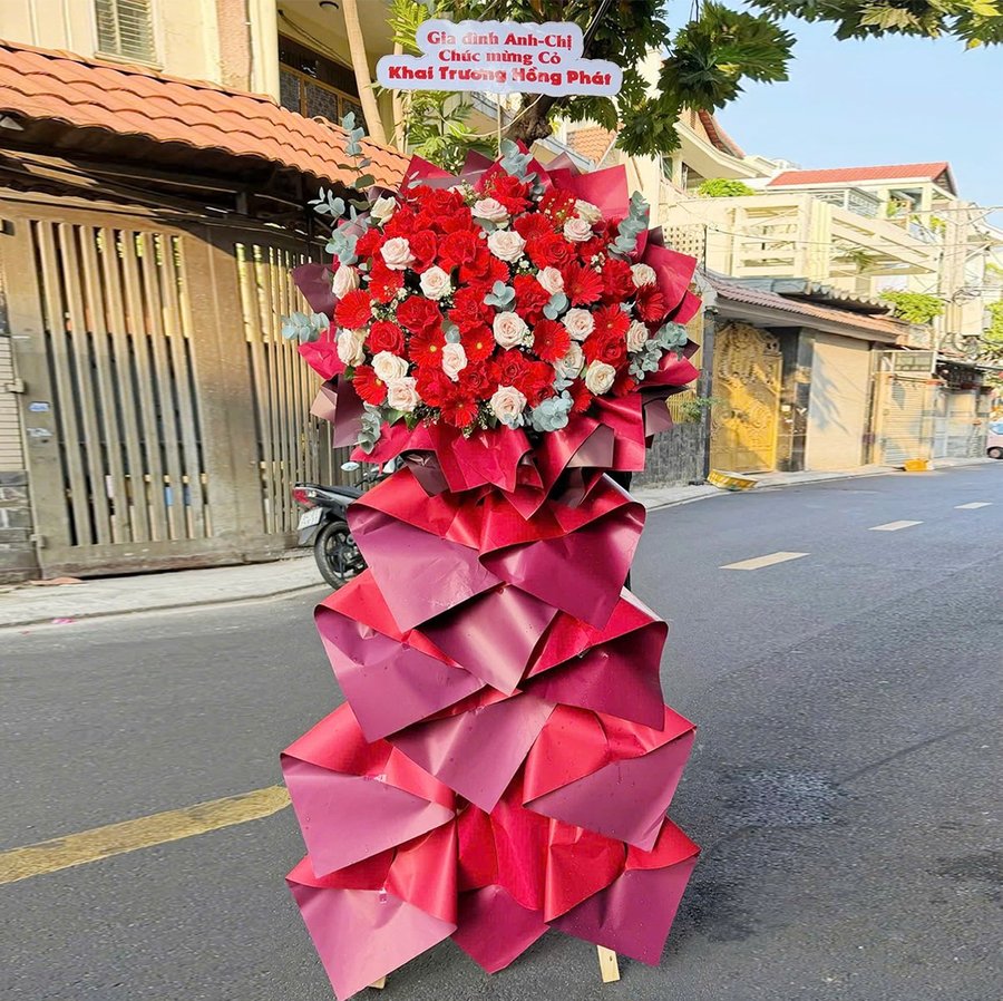 Kệ Hoa Chúc Mừng Khai Trương Tone Đỏ Hiện Đại