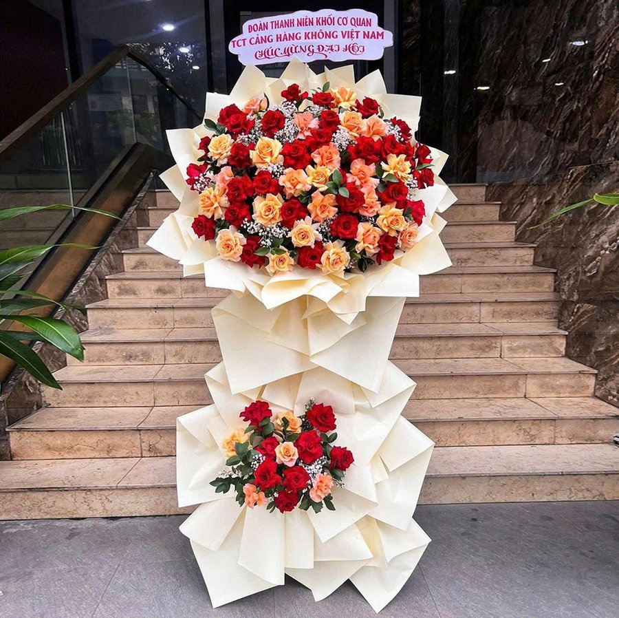 Kệ Hoa Mừng Khai Trương 2 Tầng Tone Đỏ Cam