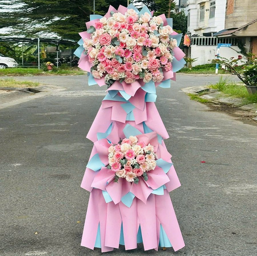 Kệ Hoa Mừng Khai Trương 2 Tầng Tone Hồng Trang Nhã