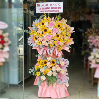 Kệ Hoa Mừng Khai Trương 2 Tầng Tone Hồng Vàng Tinh Tế