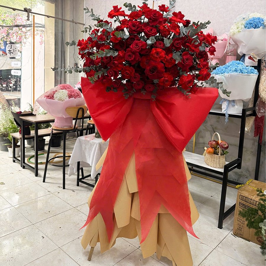 Kệ Hoa Mừng Khai Trương Tone Đỏ Kèm Nơ Tinh Tế