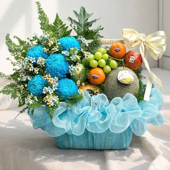 Giỏ Quà Tặng Trái Cây Mix Hoa Cúc Xanh Mừng Khai Trương