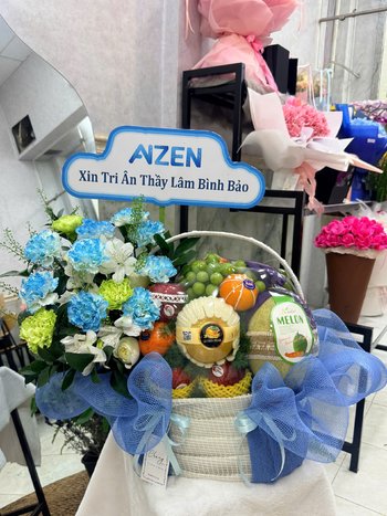 Giỏ Quà Tặng Hoa Và Trái Cây Tone Xanh Mừng Khai Trương Hy Vọng