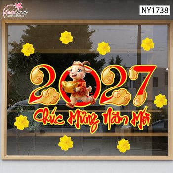 Decal Trang Trí Tết Chúc Mừng Năm Mới 2027 Và Mai Vàng