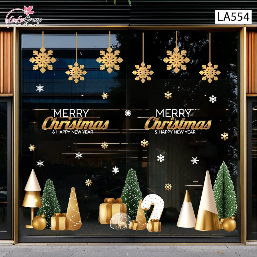 Combo Decal Trang Trí Noel Merry Christmas Và Hoa Tuyết Vàng Lấp Lánh