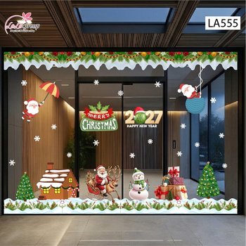 Combo Decal Trang Trí Noel Ông Già Noel Cưỡi Tuần Lộc Và Người Tuyết Trắng