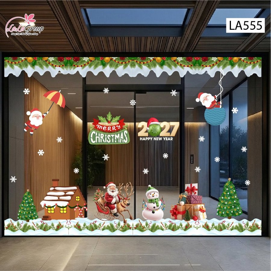 Combo Decal Trang Trí Noel Ông Già Noel Cưỡi Tuần Lộc Và Người Tuyết Trắng