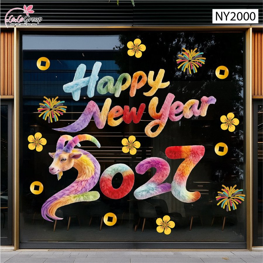 Combo Decal Trang Trí Tết Happy New Year Đinh Mùi 2027 Sắc Màu May Mắn