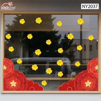 Decal Trang Trí Tết Chân Tường Hoa Đỏ Khai Xuân Phú Quý