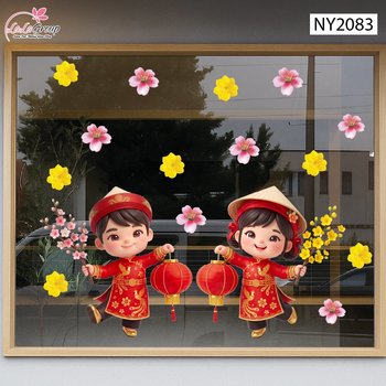 Decal Trang Trí Tết Cặp Bé Chúc Tết Đón Xuân Phú Quý