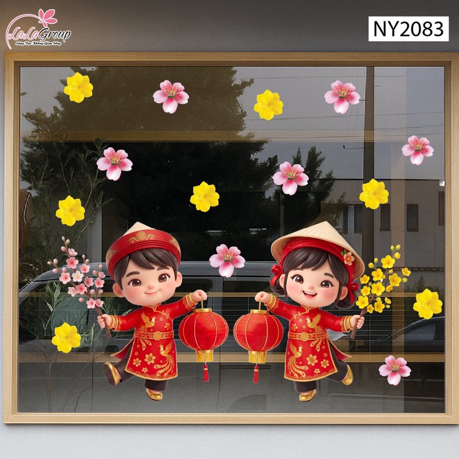 Decal Trang Trí Tết Cặp Bé Chúc Tết Đón Xuân Phú Quý