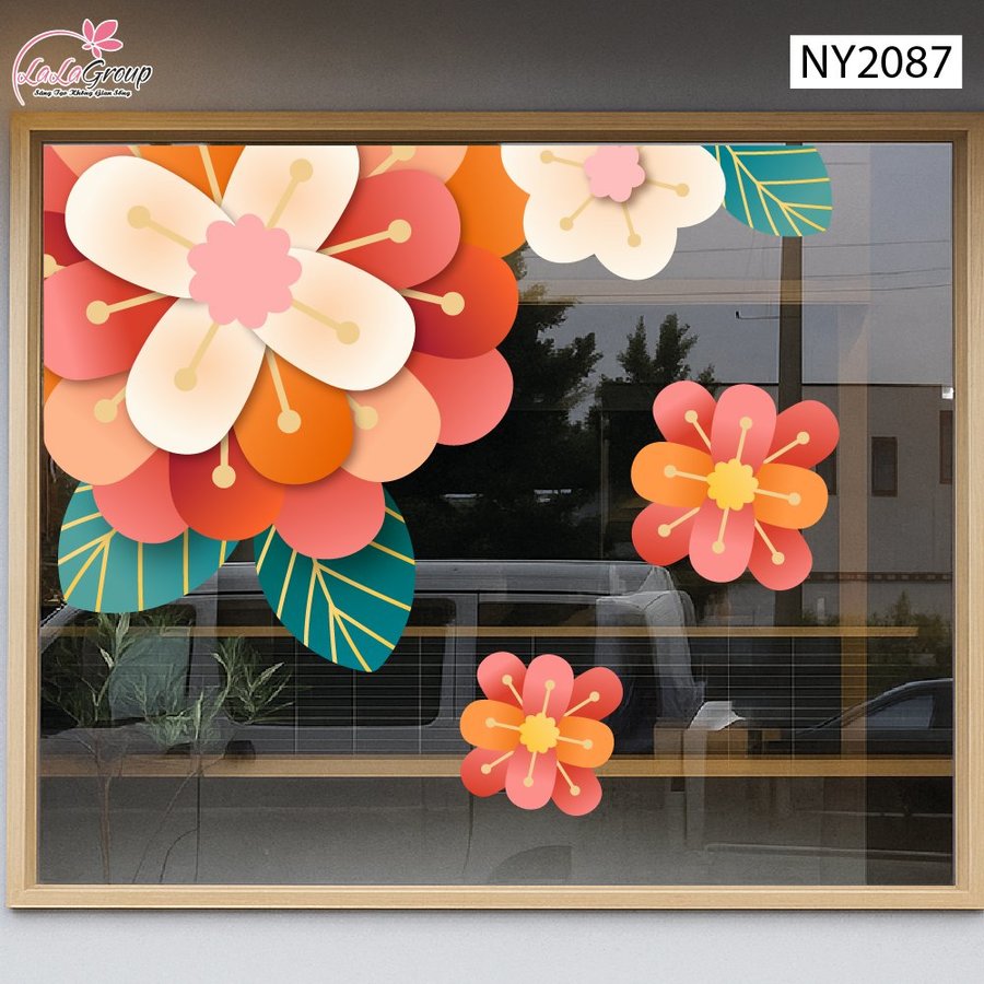 Decal Trang Trí Tết Viền Góc Kính Hoa Khai Phú Quý