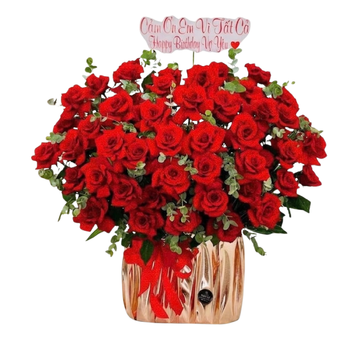 Chậu Hoa Hồng Đỏ Mix Hoa Đồng Tiền Vượng Tài