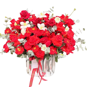 Giỏ Hoa Hồng Đỏ Mix Hoa Đồng Tiền
