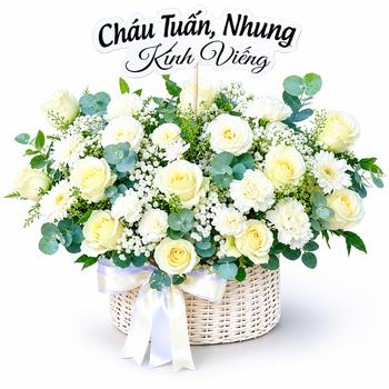 Giỏ Hoa Tươi Kính Viếng Hoa Hồng Trắng Trang Trọng