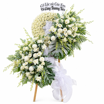 Kệ Hoa Chia Buồn Cúc Mẫu Đơn Mix Hoa Hồng Trắng Tinh Khôi