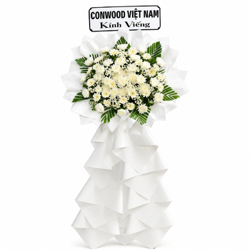 Kệ Hoa Chia Buồn Hoa Cúc Trắng Phối Hoa Bi Trắng Nhẹ Nhàng