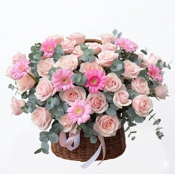 Giỏ Hoa Hồng Tươi Mix Cúc Đồng Tiền Trong Trẻo
