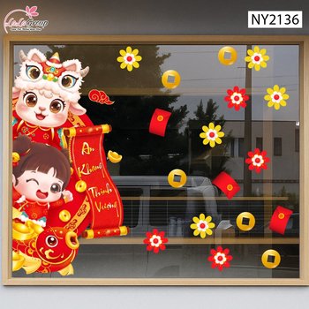 Decal Trang Trí Tết Dê Con Và Bé Gái Cầm Liễn An Khang Thịnh Vượng