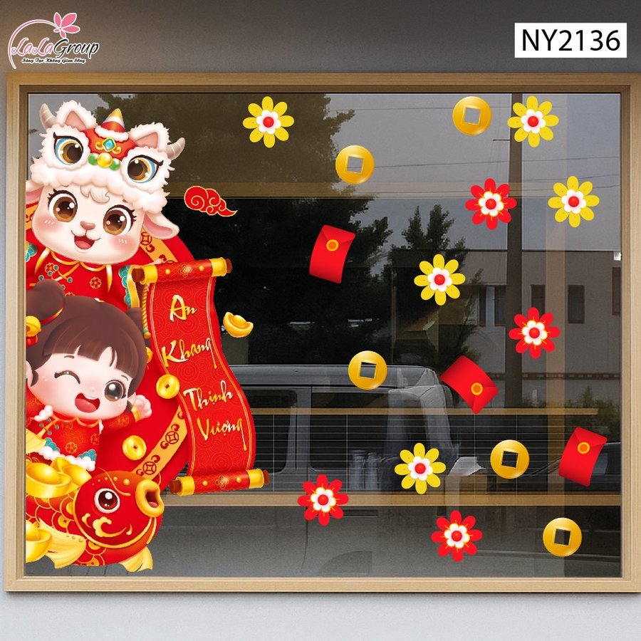 Decal Trang Trí Tết Dê Con Và Bé Gái Cầm Liễn An Khang Thịnh Vượng