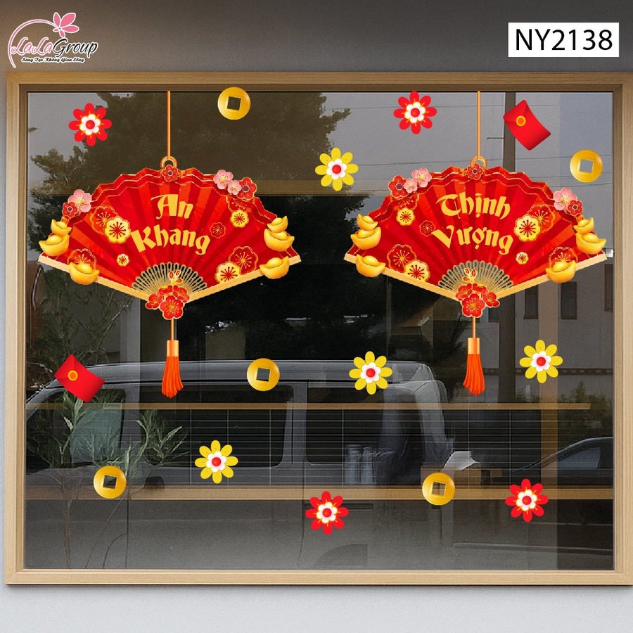 Decal Trang Trí Tết Cặp Liễn Quạt An Khang Thịnh Vượng