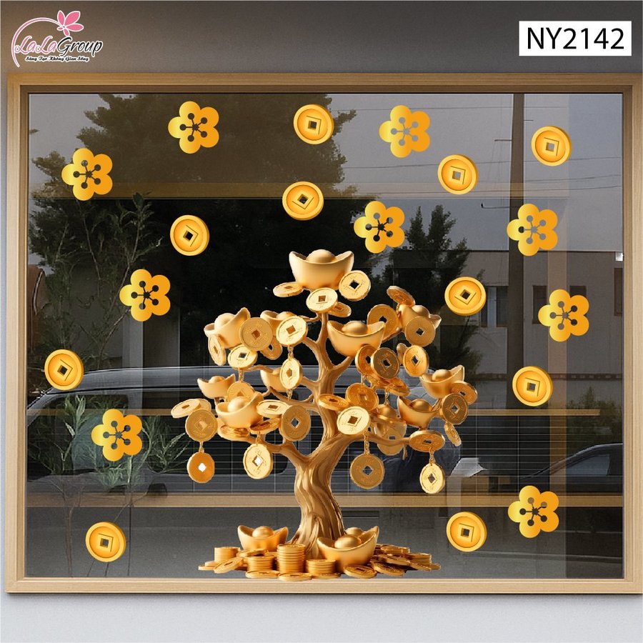 Decal Trang Trí Tết Cây Tiền Vàng May Mắn Đón Xuân
