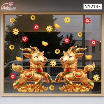 Decal Trang Trí Tết Cặp Dê Vàng Hoàng Kim Phú Quý