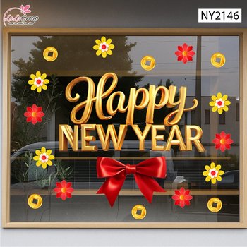 Decal Trang Trí Tết Chữ Happy New Year Kèm Nơ Đỏ