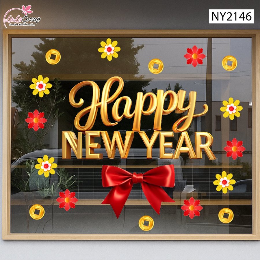 Decal Trang Trí Tết Chữ Happy New Year Kèm Nơ Đỏ