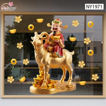 Decal Trang Trí Tết Thần Tài Cưỡi Kim Dương Tài Lộc