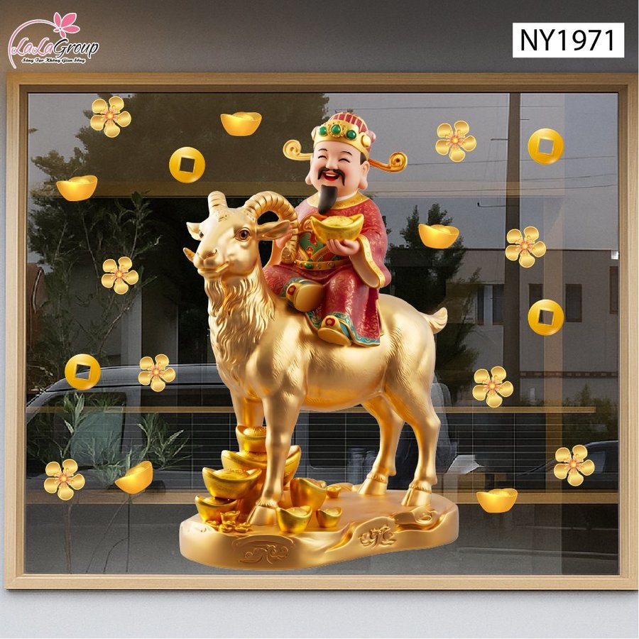 Decal Trang Trí Tết Thần Tài Cưỡi Kim Dương Tài Lộc