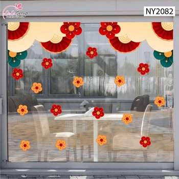 Decal Trang Trí Tết Khóm Mây Quạt Giấy Hoa Phú Quý