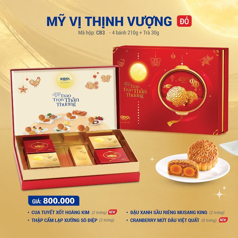 (CB3) Hộp 4 Bánh Trung Thu Kido Mỹ Vị Thịnh Vượng Đỏ